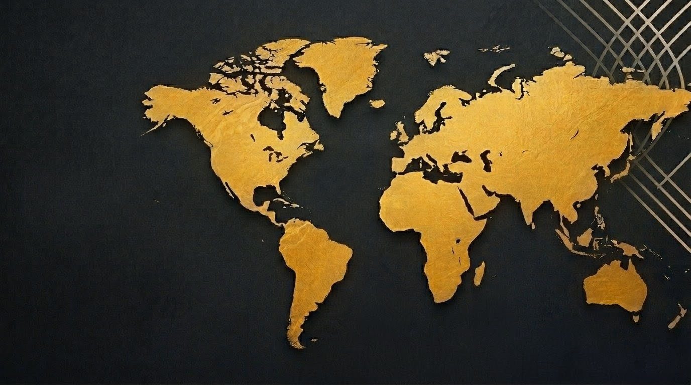 Golden world map on a dark slate background representing GCE Consultants global reach